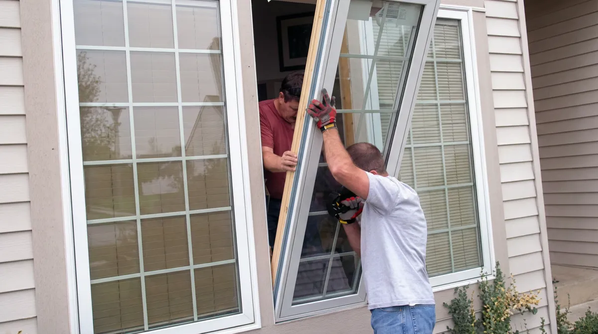 Professional home remodeling team installing a large replacement window on a house with tan siding in Huntsville, AL